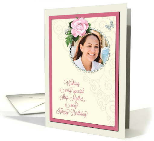Add a picture,step-mother birthday with pink rose and jewels card