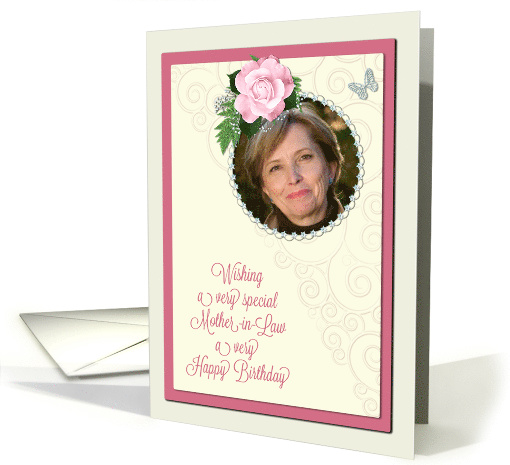 Add a picture,mother-in-law birthday with pink rose and jewels card