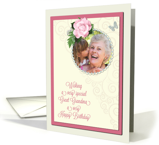 Add a picture,great grandma birthday with pink rose and jewels card