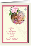 Add a picture,grandma birthday with pink rose and jewels card