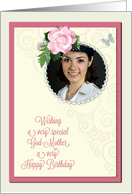 Add a picture,god-mother birthday with pink rose and jewels card