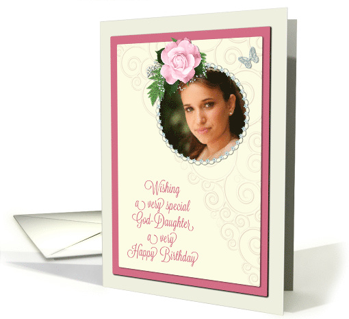 Add a picture,god-daughter birthday with pink rose and jewels card