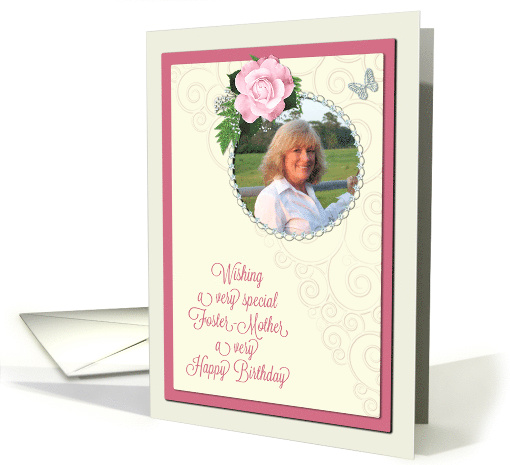 Add a picture,foster-mother birthday with pink rose and jewels card