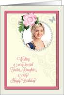 Add a picture,foster-daughter birthday with pink rose and jewels card