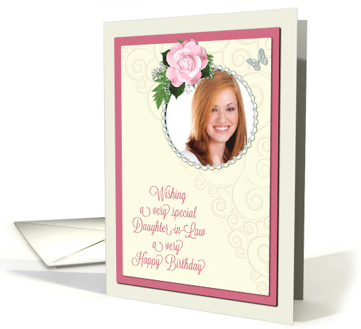 Add a picture,daughter-in-law birthday with pink rose and jewels card