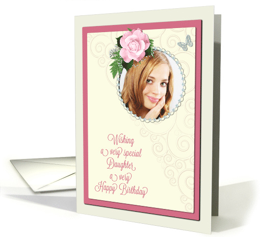Add a picture,daughter birthday with pink rose and jewels card