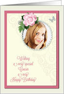 Add a picture,cousin birthday with pink rose and jewels card