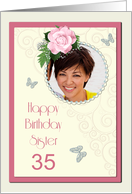 Add a picture,Sister age 35, with pink rose and jewels card