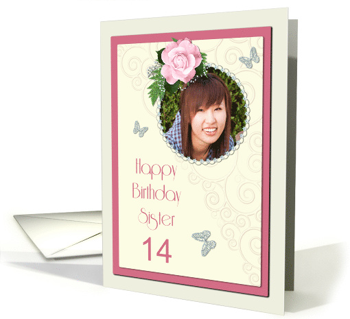 Add a picture,Sister age 14, with pink rose and jewels card (1401332)