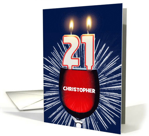 21st birthday party add a name, wine and birthday candles card