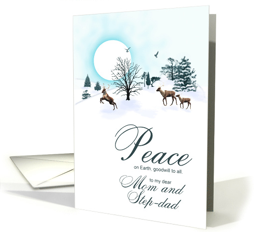 Mom and step-dad, Christmas scene with reindeer card (1525826)