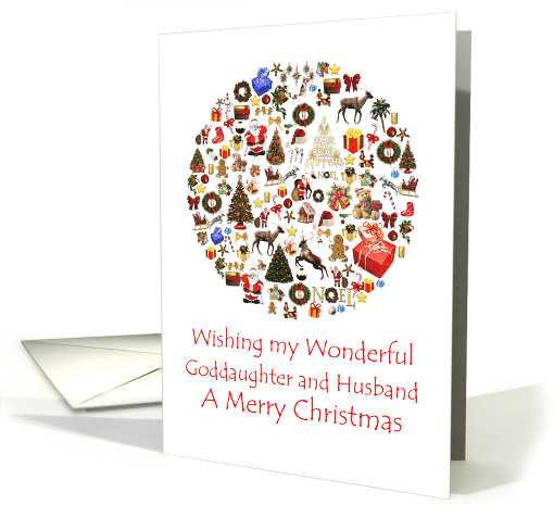 Goddaughter and Husband Circle of Christmas Trees Reindeer Santa card