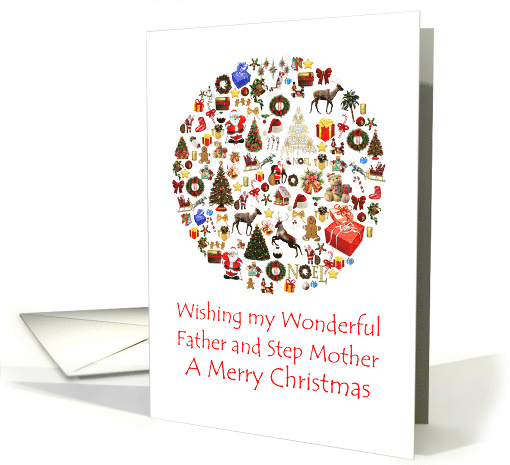 Father and Step Mother Circle of Christmas Trees Reindeer Santa card