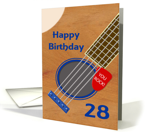 28th Birthday Guitar Player Plectrum Tucked into Strings card