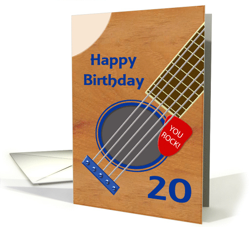 20th Birthday Guitar Player Plectrum Tucked into Strings card