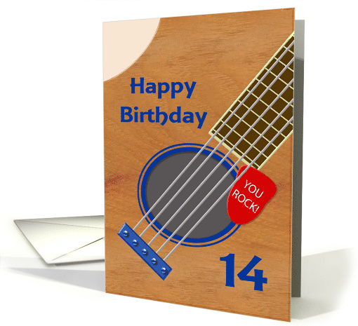 14th Birthday Guitar Player Plectrum Tucked into Strings card