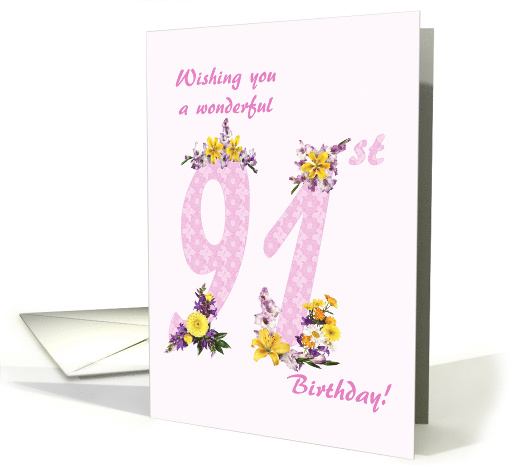 91st Birthday Flower Decorated Numbers card (1693006)