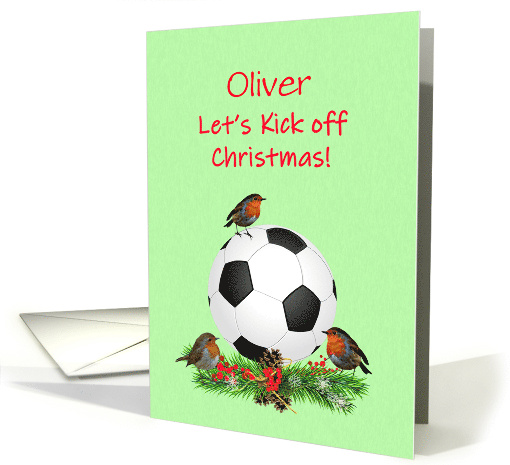 Add A Name Soccer Football and Robins Christmas card (1704886)