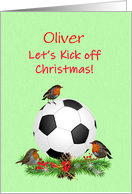 Add A Name Soccer Football and Robins Christmas card