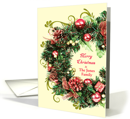 Add A Name Christmas Wreath with Scrolls Merry Christmas card