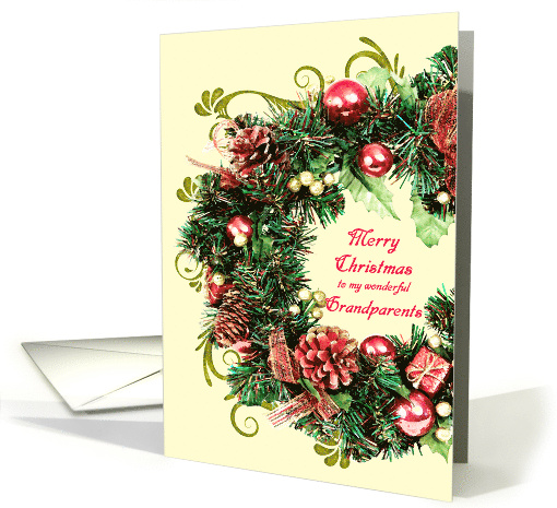 Grandparents Christmas Wreath with Scrolls Merry Christmas card