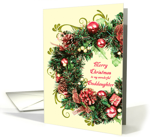 Goddaughter Christmas Wreath with Scrolls Merry Christmas card