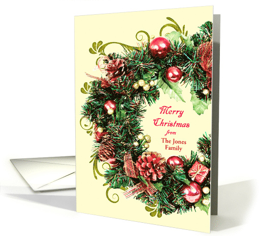 Add a Name From Christmas Wreath with Scrolls Merry Christmas card