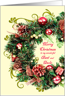 Aunt and Uncle Christmas Wreath with Scrolls Merry Christmas card