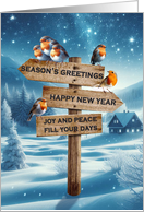Seasons Greetings Christmas Robins on a Signpost card