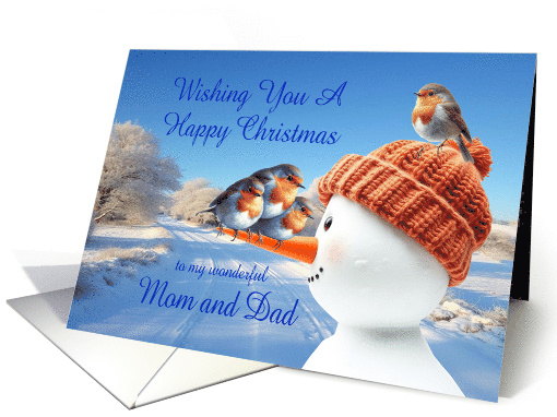 Mom and Dad Robins and Snowman Christmas card (1924840)