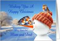 Mom and Dad Robins and Snowman Christmas card