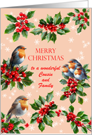 Cousin and Family Robins and Holly Christmas card