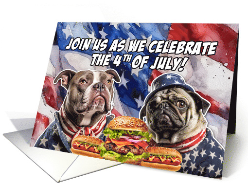 4th of July BBQ Party Invitation Patriotic American Bully and Pug card