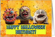 Happy Halloween Birthday Monster Cupcakes card
