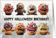 Happy Halloween Birthday Monster Cupcakes card