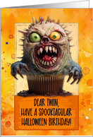 Twin Halloween Birthday Monster Cupcake card