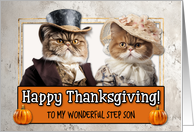 Step SonThanksgiving Pilgrim Exotic Shorthair Cat couple card