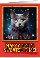 Russian Blue Cat Ugly Sweater Christmas card