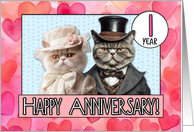 1 Year Wedding Anniversary Cat Bride and Groom card