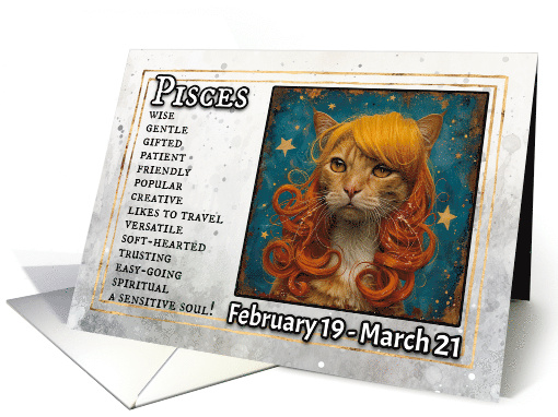 Pisces Birthday Zodiak Cat with Orange Wig card (1820270)
