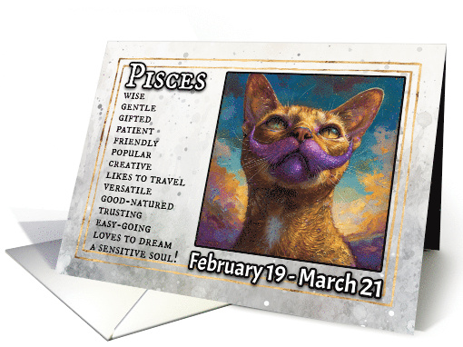 Pisces Birthday Zodiak Cat with Purple Glitter Mustache card (1820272)