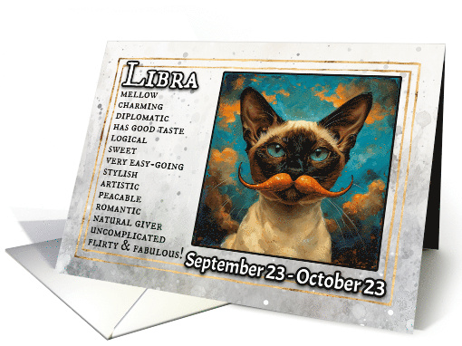 Libra Birthday Zodiak Cat with Orange Glitter Mustache card (1820274)