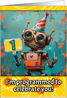 1 Year Old Happy Birthday Little Robot card