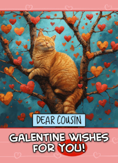 Cousin Galentine's Day Ginger Cat in Tree with Hearts