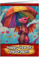 Happy Year of the Dragon Pink Dragon with Rainbow Umbrella card