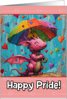 Happy Pride Pink Dragon with Rainbow Umbrella and Hearts card
