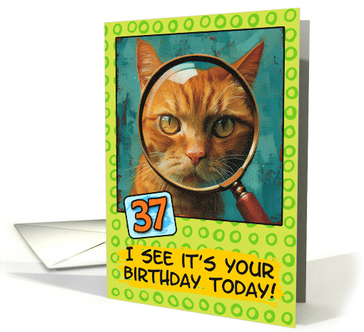 37 Years Old Happy Birthday Ginger Cat with Magnifying Glass card