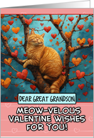 Great Grandson Valentine’s Day Ginger Cat in Tree with Hearts card