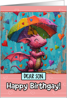 Son Happy Birthgay Pink Dragon with Rainbow Umbrella card