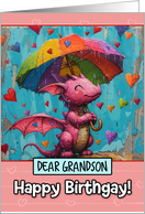 Grandson Happy Birthgay Pink Dragon with Rainbow Umbrella card